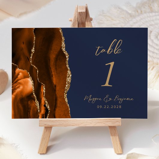 Numéro De Table Mariage Orange Brûlé Agate Or Script Bleu Nuit