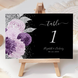 Numéro De Table Mariage Paillettes Argent Fleur Violet