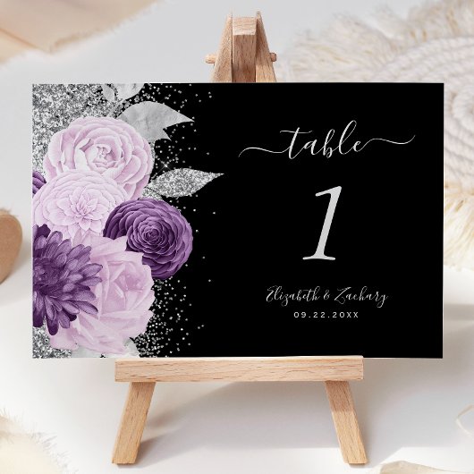 Numéro De Table Mariage Paillettes Argent Fleur Violet