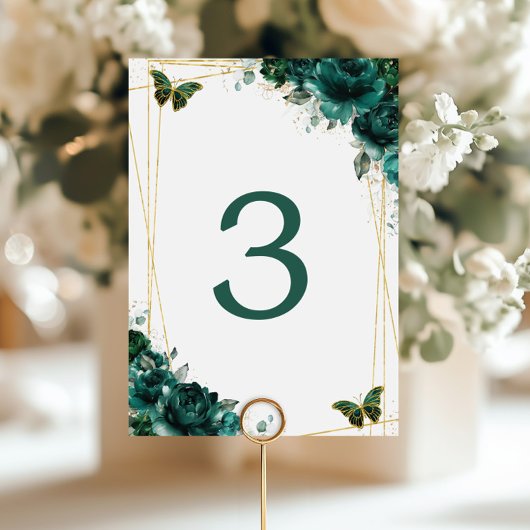 Numéro De Table Mariage Papillons Dorés Fleurs Vert Emeraude