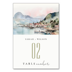 Numéro De Table Mariage Paysage Aquarelle Kauai Hawaï