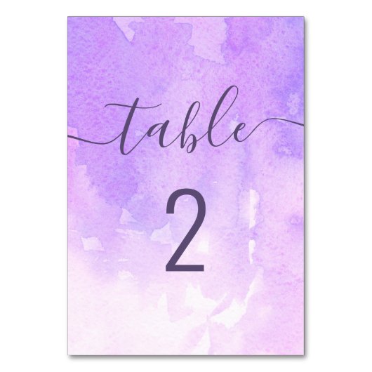 Numéro De Table Mariage pourpre aquarelle. Script simple Lilac (Dos)