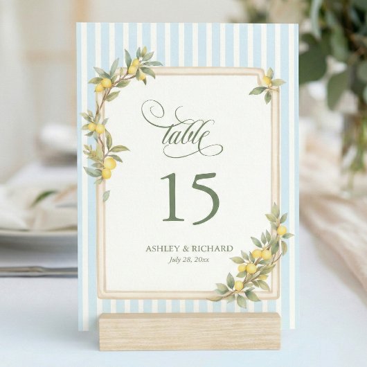 Numéro De Table Mariage Rayure Côtière Méditerranéenne au Citron