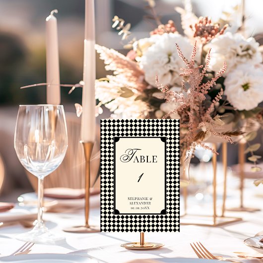 Numéro De Table Mariage rétro à l'ancienne Noir & Ivoire à carreau