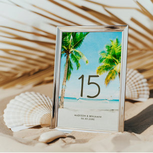 Numéro De Table Mariage rétro d'été sur la plage avec palmiers tro