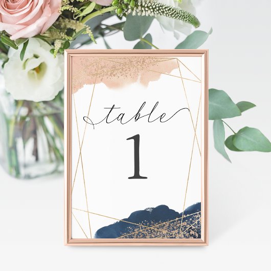 Numéro De Table Mariage rose poudré, or et marine