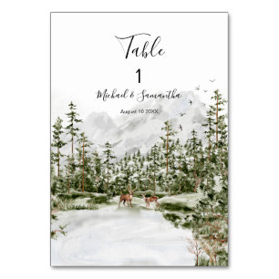 Numéro De Table Mariage Rustique en Forêt de Montagne à l'Aquarell