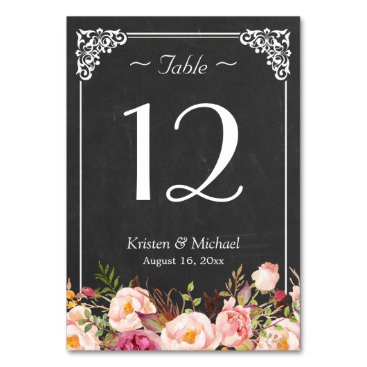 Numéro De Table Mariage Rustique Floral Chalkboard (Dos)