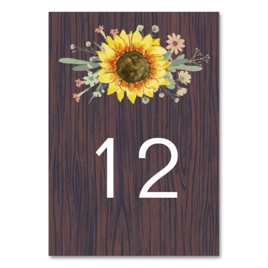 Numéro De Table Mariage rustique Tournesol Bois Lumière (Dos)
