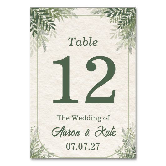 Numéro De Table Mariage simple aux feuilles vert beige (Par défaut)