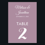 Numéro De Table Mariage simple blanc blanc poussiéreux et élégant<br><div class="desc">Carte de numéro de table minimaliste simple et élégante avec un script blanc élégant sur un arrière - plan romantique violet poussiéreux. Facilement personnalisable avec les noms de la mariée et du marié, la date du mariage et le numéro de table. Pour plus de personnalisation ou des commandes personnalisées, n'hésitez...</div>