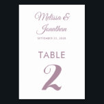 Numéro De Table Mariage simple blanc blanc poussiéreux et élégant<br><div class="desc">Carte de numéro de table minimaliste simple et élégante, avec un élégant script violet poussiéreux sur un arrière - plan blanc clair classique. Facilement personnalisable avec les noms de la mariée et du marié, la date du mariage et le numéro de table. Pour plus de personnalisation ou des commandes personnalisées,...</div>