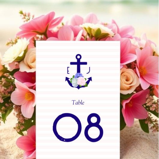Numéro De Table Mariage Thème Marin à Rayures Florales