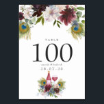 Numéro De Table Mariage Thème Vin de Bourgogne et Paon Marine<br><div class="desc">Cartes de numéro de table de mariage thème vin bordeaux - marsala et bleu marine avec des accents de bleu poussiéreux,  rose blush,  prune et or rose avec verdure de eucalyptus de forêt sauvage</div>