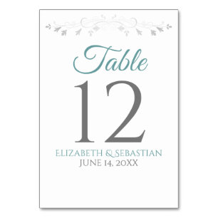 Numéro De Table Mariage turquoise ou Turquoise & Gris Simple et él