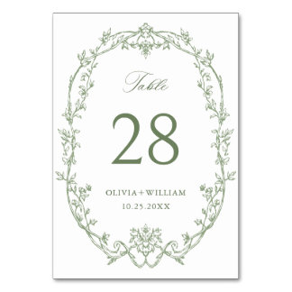 Numéro De Table Mariage vert de l'âge orné victorien Grace Floral