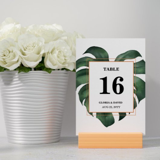 Numéro De Table Mariage vert feuille Monstera