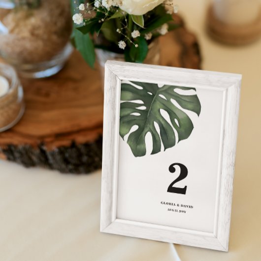 Numéro De Table Mariage vert feuille Monstera