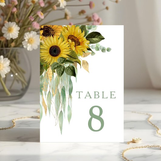 Numéro De Table Mariage vert floral de tournesol Eucalyptus Sage