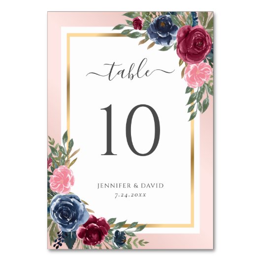 Numéro De Table Marine Bleue Bourgogne et Blush Floral Numéro de t (Par défaut)