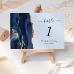 Numéro De Table Marine Blue Gold Agate Pastel Mariage<br><div class="desc">Le bord gauche de cette élégante carte de numéro de table mariage moderne comporte une bordure marine couleur aquarelle ornée d'une parties scintillant en faux or. Le texte personnalisable combine écriture marine bleue,  italique et cuivre sur un arrière - plan bleu pastel.</div>