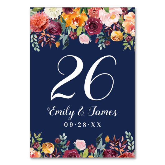 Numéro De Table Marine Rustique Bourgogne Automne Floral Mariage M (Dos)