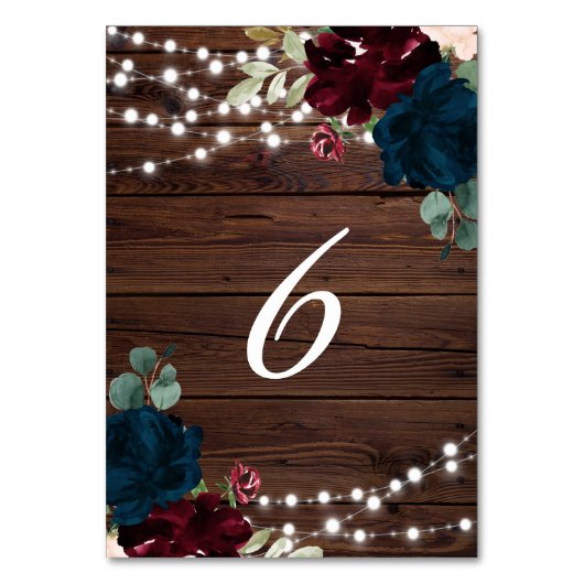 Numéro De Table Marsala & Fleurs de marine Bois rustique 6 Numéros (Par défaut)