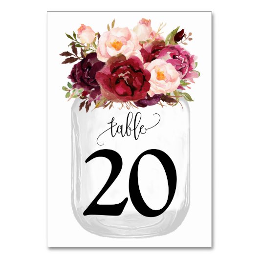 Numéro De Table Marsala Fleurs Mason Jar Mariage campagnard (Dos)