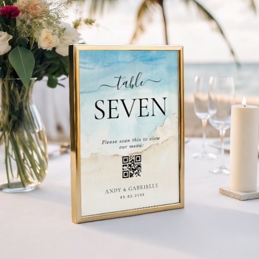 Numéro De Table Menu de mariage avec code QR de plage tropicale nu