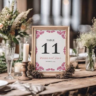 Numéro De Table Mexican Talavera Red Floral Minimalist Wedding