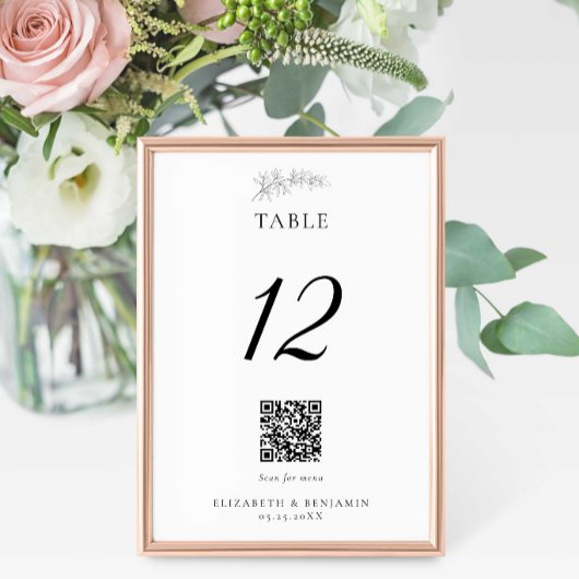 Numéro De Table Minimal Wedding QR Code Menu Elegant Black White