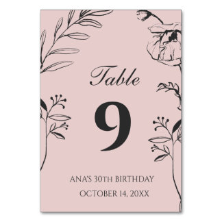 Numéro De Table Minimaliste Fard et Floral Charbon 30e Anniversair