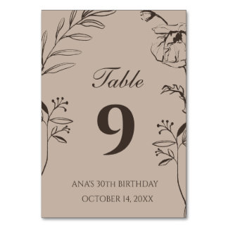 Numéro De Table Minimaliste Taupe et Floral Espresso pour les 30 a