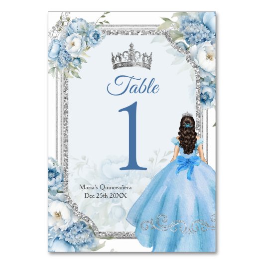 Numéro De Table Mis Quince Bleu Floral Argent Couronne Quinceañera (Par défaut)