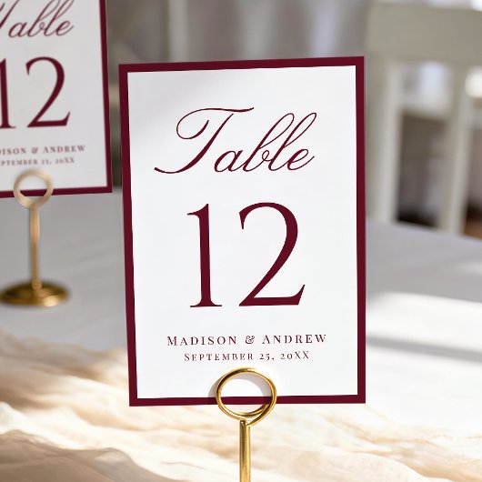 Numéro De Table Modern Burgundy Border Wedding