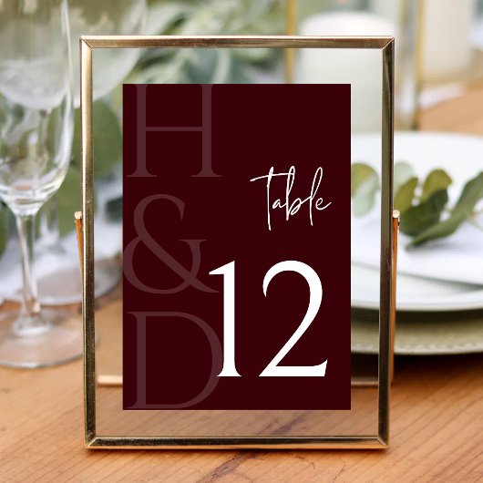 Numéro De Table Modern Burgundy Monogram Minimalist Wedding