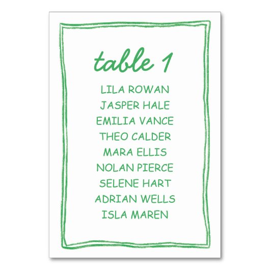 Numéro De Table Modern Green Doodle Wedding Seating Chart Card (Par défaut)