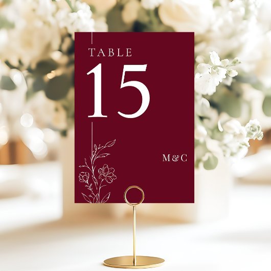 Numéro De Table Modern Line Art Floral Burgundy Elegant Wedding