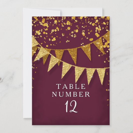 Numéro de table moderne bordeaux pailleté or banni (Devant)