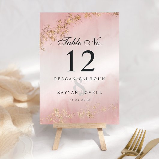 Numéro De Table Moderne Luxe Paillettes Dorées Mariage Rose Clair
