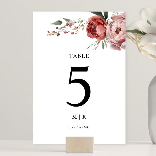 Numéro De Table Moderne Rustique Bourgogne Blush Floral Mariage