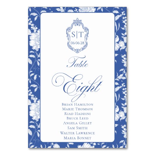 Numéro De Table Monogram Blue Floral Script Eight 8 Names (Par défaut)
