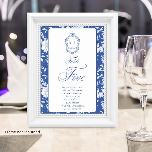 Numéro De Table Monogram Blue Floral Script Five 8 Names