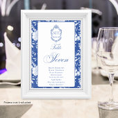 Numéro De Table Monogram Blue Floral Script Seven 8 Names