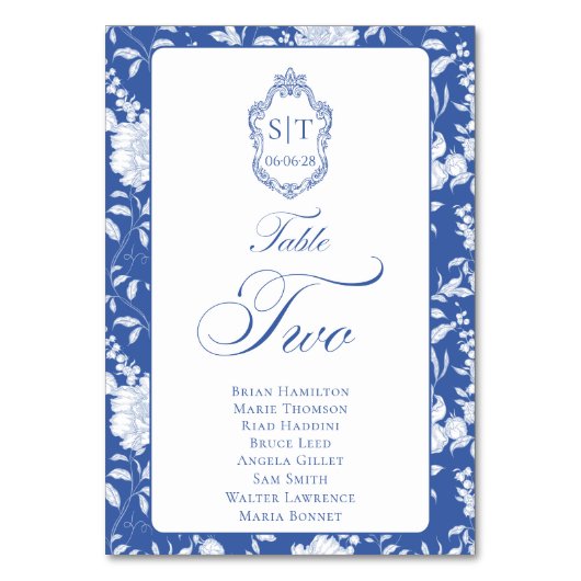Numéro De Table Monogram Blue Floral Script Two 8 Names (Par défaut)