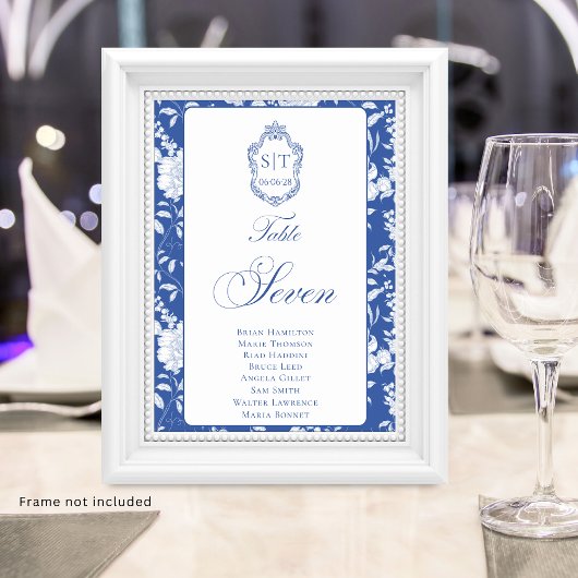 Numéro De Table Monogramme Bleu Floral Script Sept 8 Noms