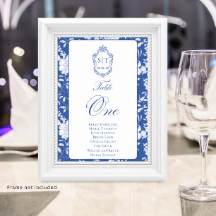 Numéro De Table Monogramme Bleu Floral Script Un 8 Noms