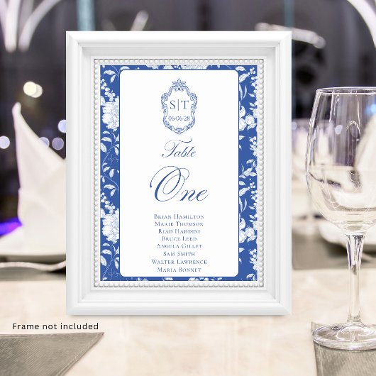 Numéro De Table Monogramme Bleu Floral Script Un 8 Noms