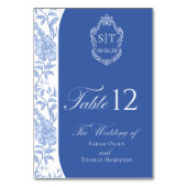 Numéro De Table Monogramme de blason Delft Bleu Floral Script (Par défaut)