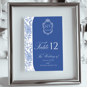 Numéro De Table Monogramme de blason Delft Bleu Floral Script